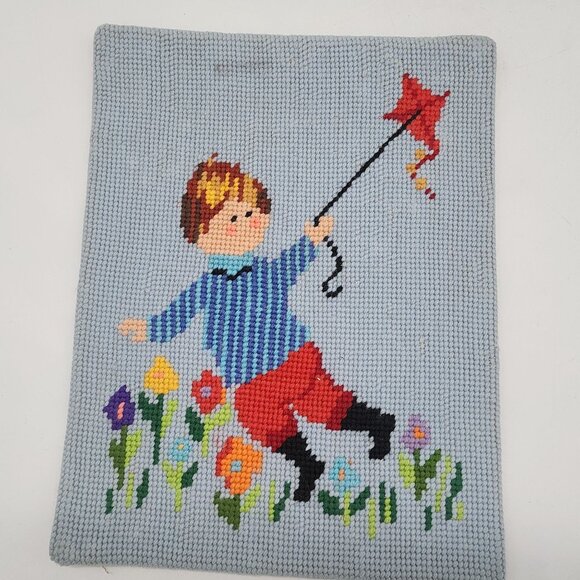 Vintage Finished Needlepoint Wall Hanging Boy & Girl Flying Kites In Flower Gard - Picture 2 of 8